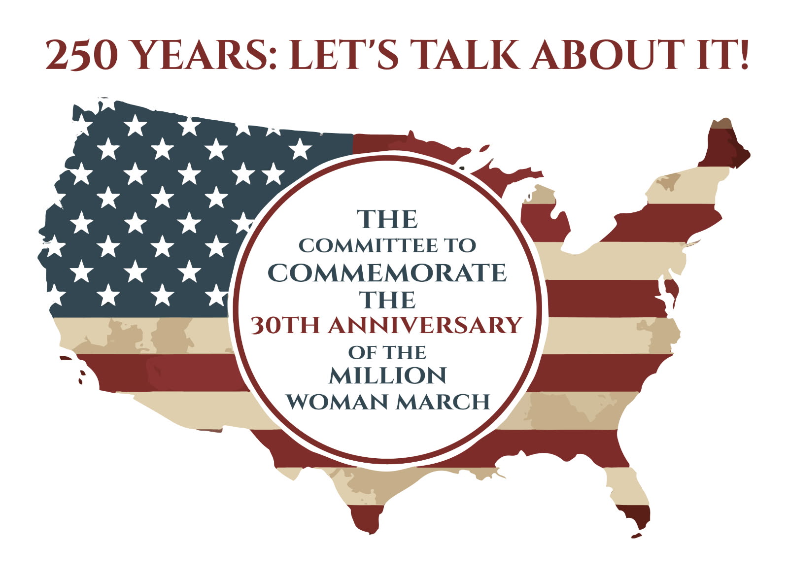 The current 30th Anniversary logo: a map of the United States filled with the American flag pattern, above the words 250 Years: Let's Talk About It!